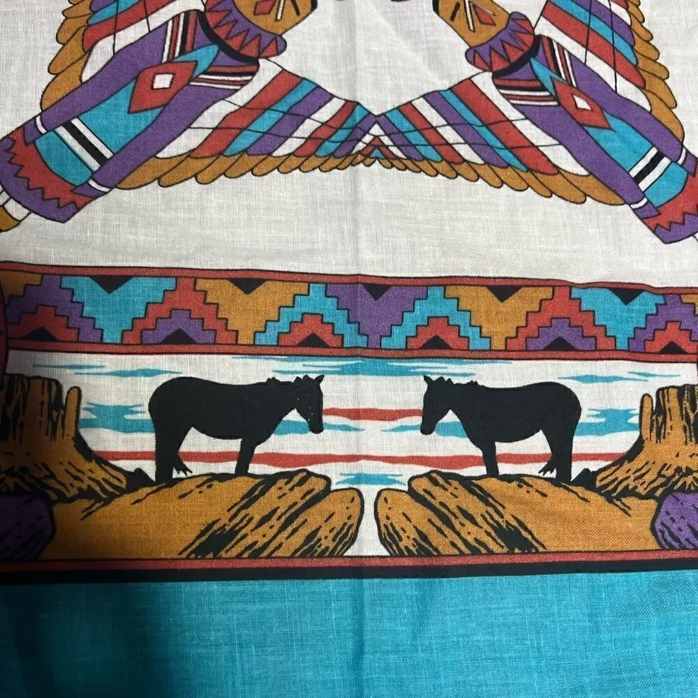 Vintage Western Aztec Southwestern horse cotton poly scarf. Ranch. Horses.